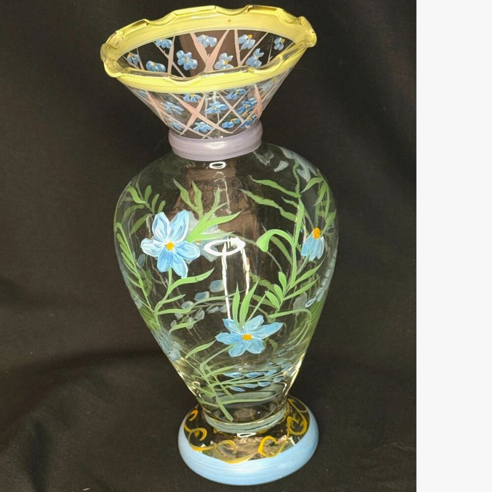 Hand Painted Art Glass Floral Vase Ruffled Rim 6.5"